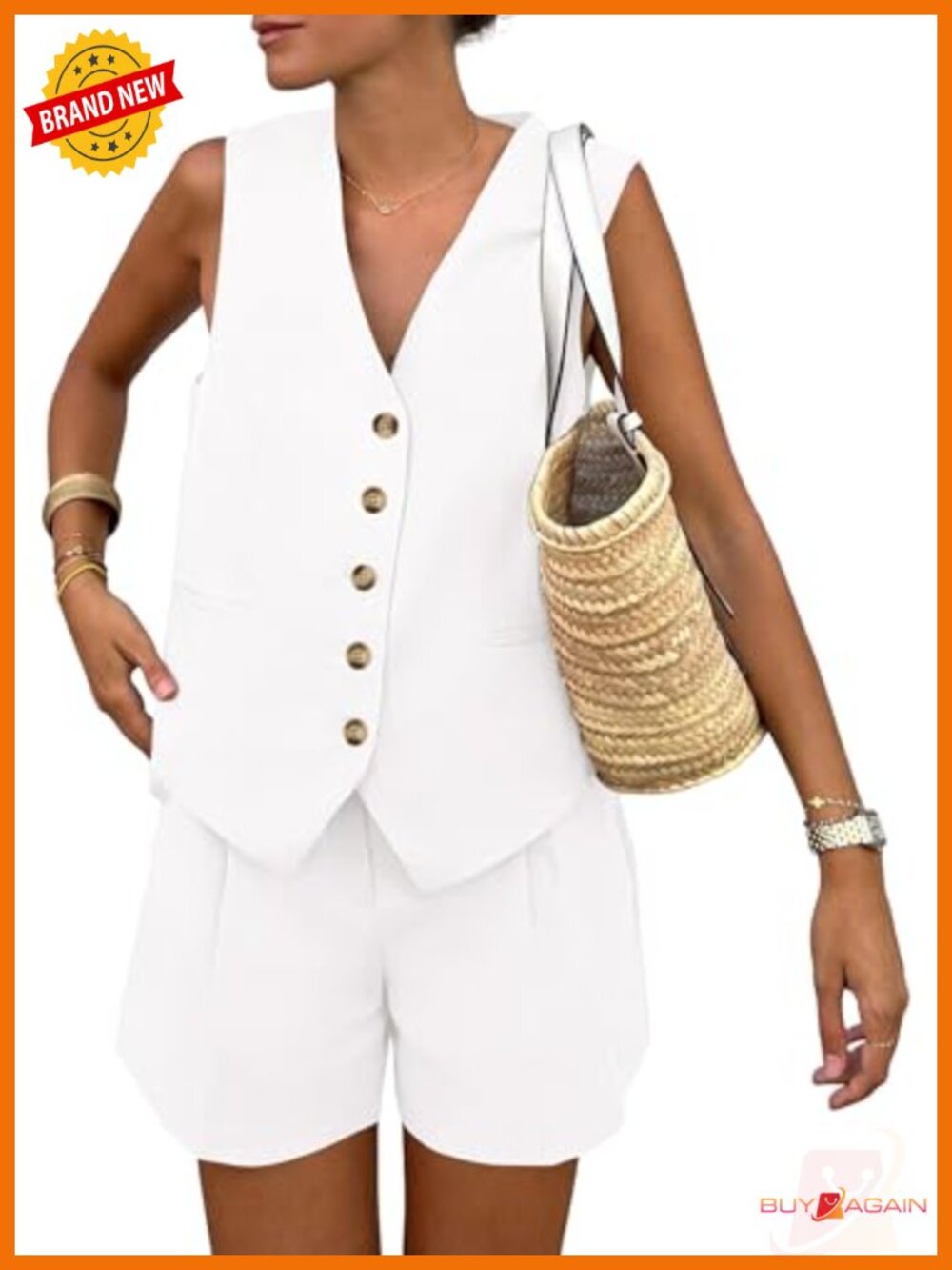 Women's Sleeveless V Neck Vest and Shorts Set with Pockets
